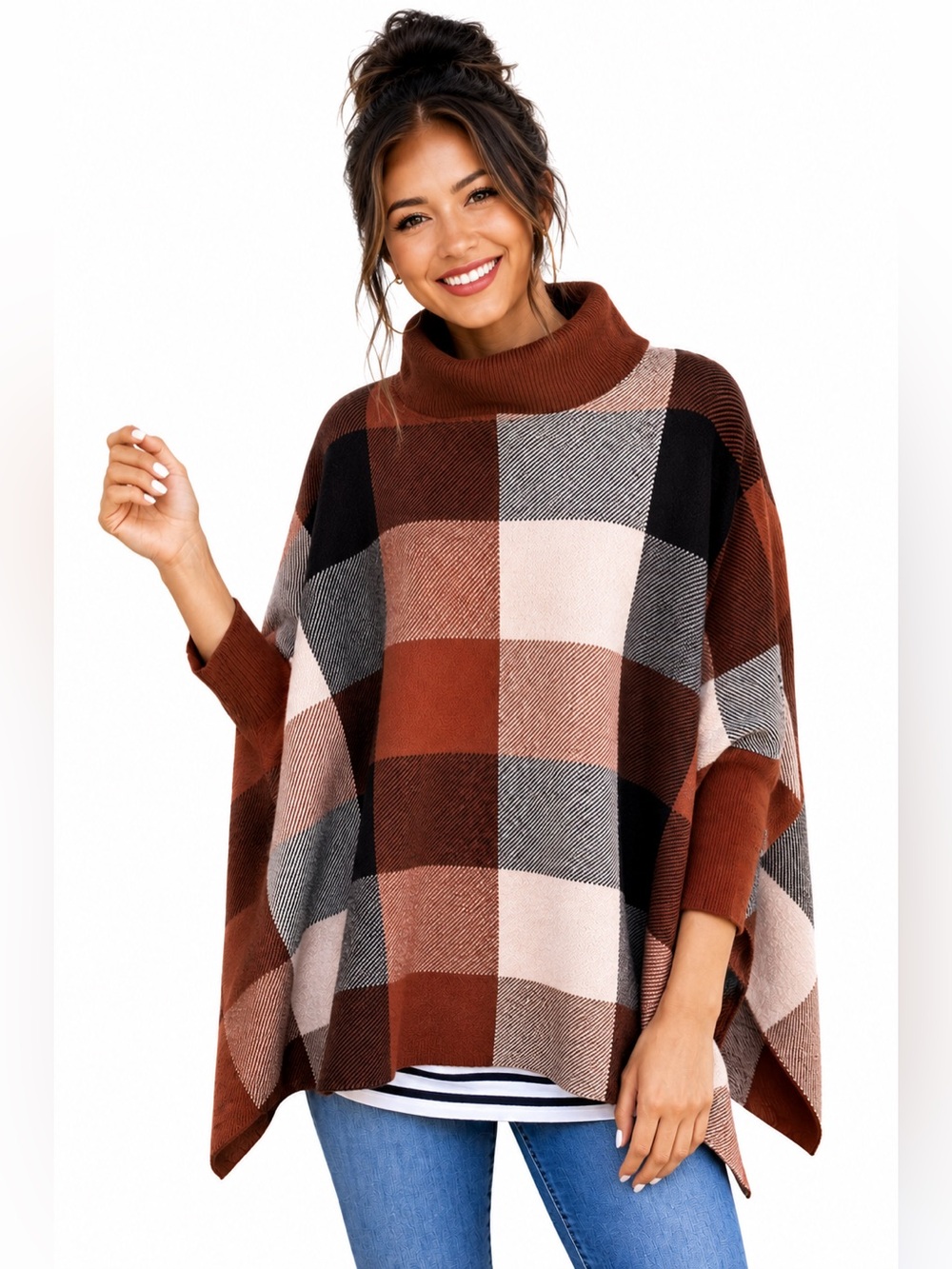 Plaid Turtleneck Poncho Cape Sweater Oversized Rust Caramel Check Fall Boho Arty